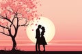 silhouette of a couple kissing under a tree at sunset Royalty Free Stock Photo