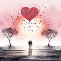 Silhouette of a couple in love around a tree at the top of a large heart. Valentine\'s Day as a day symbol of affection and