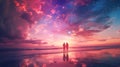 Silhouette of a couple in love on the beach at sunset, staring at the the dreamy sky. Romantic evening. Royalty Free Stock Photo