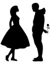 Silhouette of a couple in love. Isolated illustration of a guy and a girl. The man gives the girl a flower.