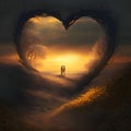 Silhouette of a couple in love in a large heart at sunset. Heart as a symbol of affection and Royalty Free Stock Photo