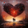 Silhouette of a couple in love in the middle of a big red heart. Heart as a symbol of affection and