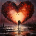 Silhouette of a couple in love in the middle of a big red heart. Heart as a symbol of affection and