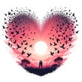 A silhouette of a couple lover, in a middle of a field, with a heart formation made by the flying birds, pink sunset, dreamy, love Royalty Free Stock Photo
