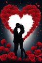 A silhouette of a couple lover, with a romantic heart made of red rose flower, in love scene, dreamy,  art, beautiful Royalty Free Stock Photo