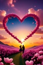 A silhouette of a couple lovers, in a breathtaking landscape, pink cotton sunset, love scene, apricot flower, nature view
