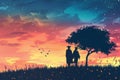 Silhouette of couple lovers of graduate students on background of beautiful landscape, illustration Royalty Free Stock Photo