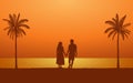 Silhouette couple man and woman holding hand walking together on beach under sunset sky background Royalty Free Stock Photo