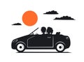 Silhouette of couple, man and woman in love on the roadtrip drivig a car