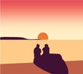 Silhouette couple man and woman sitting together on beach under sunset sky background. Royalty Free Stock Photo