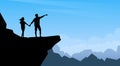 Silhouette Couple Man Woman Traveler Stand On Mountain Cliff Trackers Hickers Over Natural Background