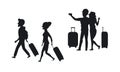 Silhouette of a couple, man and woman traveling with suitcases and taking selfie
