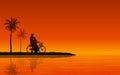 Silhouette couple man and woman walking together with bicycle on beach under sunset sky background Royalty Free Stock Photo