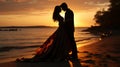 Silhouette of a couple of newlyweds in love at sunset against the background