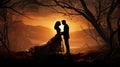 Silhouette of a couple of newlyweds in love at sunset against the background