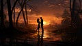 Silhouette of a couple of newlyweds in love at sunset against the background