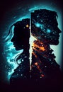 silhouette of couple with night scene milky way background in the galaxy. man and woman silhouette abstract. inner psychological Royalty Free Stock Photo