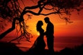 Silhouette of couple at the orange sea sunset sky. Generate ai