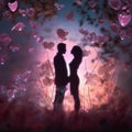 silhouette of a couple among petals,lights and hearts , true love, valentine\'s day, created with artificial intelligence, Royalty Free Stock Photo