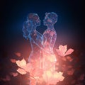 silhouette of a couple among petals,lights and hearts , true love, valentine\'s day, created with artificial intelligence, Royalty Free Stock Photo