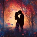 silhouette of a couple among petals,lights and hearts , true love, valentine\'s day, created with artificial intelligence, Royalty Free Stock Photo