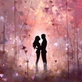 silhouette of a couple among petals,lights and hearts , true love, valentine\'s day, created with artificial intelligence, Royalty Free Stock Photo