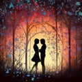 silhouette of a couple among petals,lights and hearts , true love, valentine\'s day, created with artificial intelligence, Royalty Free Stock Photo