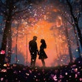 silhouette of a couple among petals,lights and hearts , true love, valentine\'s day, created with artificial intelligence, Royalty Free Stock Photo