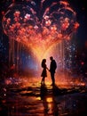 silhouette of a couple among petals,lights and hearts , true love, valentine\'s day, created with artificial intelligence, Royalty Free Stock Photo