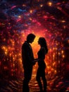 silhouette of a couple among petals,lights and hearts , true love, valentine\'s day, created with artificial intelligence, Royalty Free Stock Photo