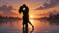 A silhouette of a couple sharing a tender kiss against a beautiful sunset backdrop by the water. Royalty Free Stock Photo