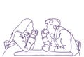 Silhouette Couple Sit At Cafe Table Drinking Coffee Or Tea, Doodle Man And Woman Dating White Background