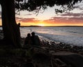 Silhouette of a Couple Sitting Under a Tree Watching the Sunset in Noosa, Queensland, Australia Royalty Free Stock Photo