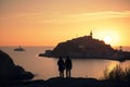 Silhouette of couple standing at lookout point by the Mediterranean sea at sunset