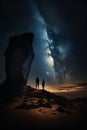 Silhouette of couple standing on rock and looking at milky way Royalty Free Stock Photo