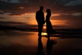 Silhouette of couple at the sunset beach. Generate ai