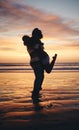 Silhouette couple, sunset beach love and hug on honeymoon, summer tropical vacation and anniversary date together in Royalty Free Stock Photo