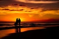 Silhouette of couple at the sunset beach. Generate ai