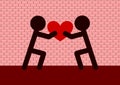 Silhouette couple is touching red heart shape. Royalty Free Stock Photo
