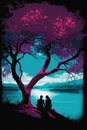 Silhouette Couple and tree, with beautiful night sky, Concept looking out to the outside world. Royalty Free Stock Photo