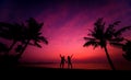 Silhouette of couple on tropical beach during sunset on background Royalty Free Stock Photo