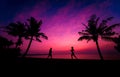 Silhouette of couple on tropical beach during sunset on background of palms Royalty Free Stock Photo