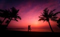 Silhouette of couple on tropical beach during sunset on background of palms Royalty Free Stock Photo
