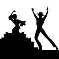 Silhouette of couple of typical Spanish flamenco dancers. Elegant man with typical Spanish hat