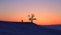 Silhouette of couple under big tree in sunset at Lake Baikal, Olkhon island, Siberia in Russia. Winter time. Love concept Royalty Free Stock Photo