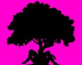 Silhouette of a couple under a tree against a bold red background. Royalty Free Stock Photo