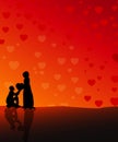 Silhouette of a couple on a valentine`s day background