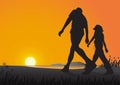 Silhouette of couple walking on the beach in the morning on golden sunrise background, health care exercise concept