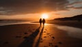 Silhouette of couple walking on beach at sunset generated by AI Royalty Free Stock Photo