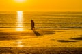 Silhouette of couple walking on beach at sunset